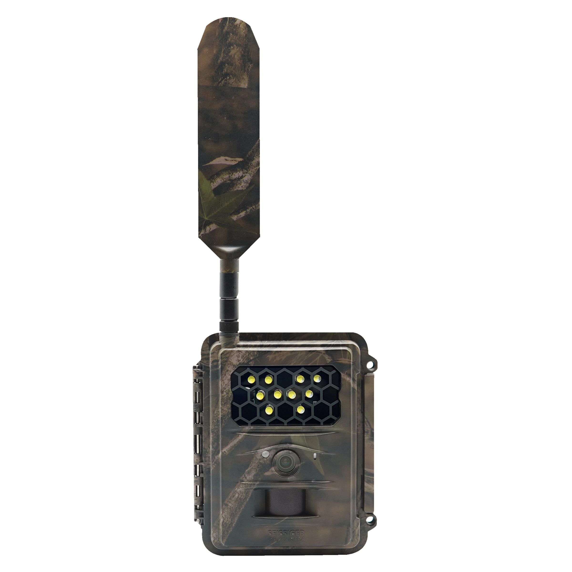 SEISSIGER Special-Cam LTE Weißblitz Supersim-Edition mit Antenne, frontal abgebildet in Camouflage-Design