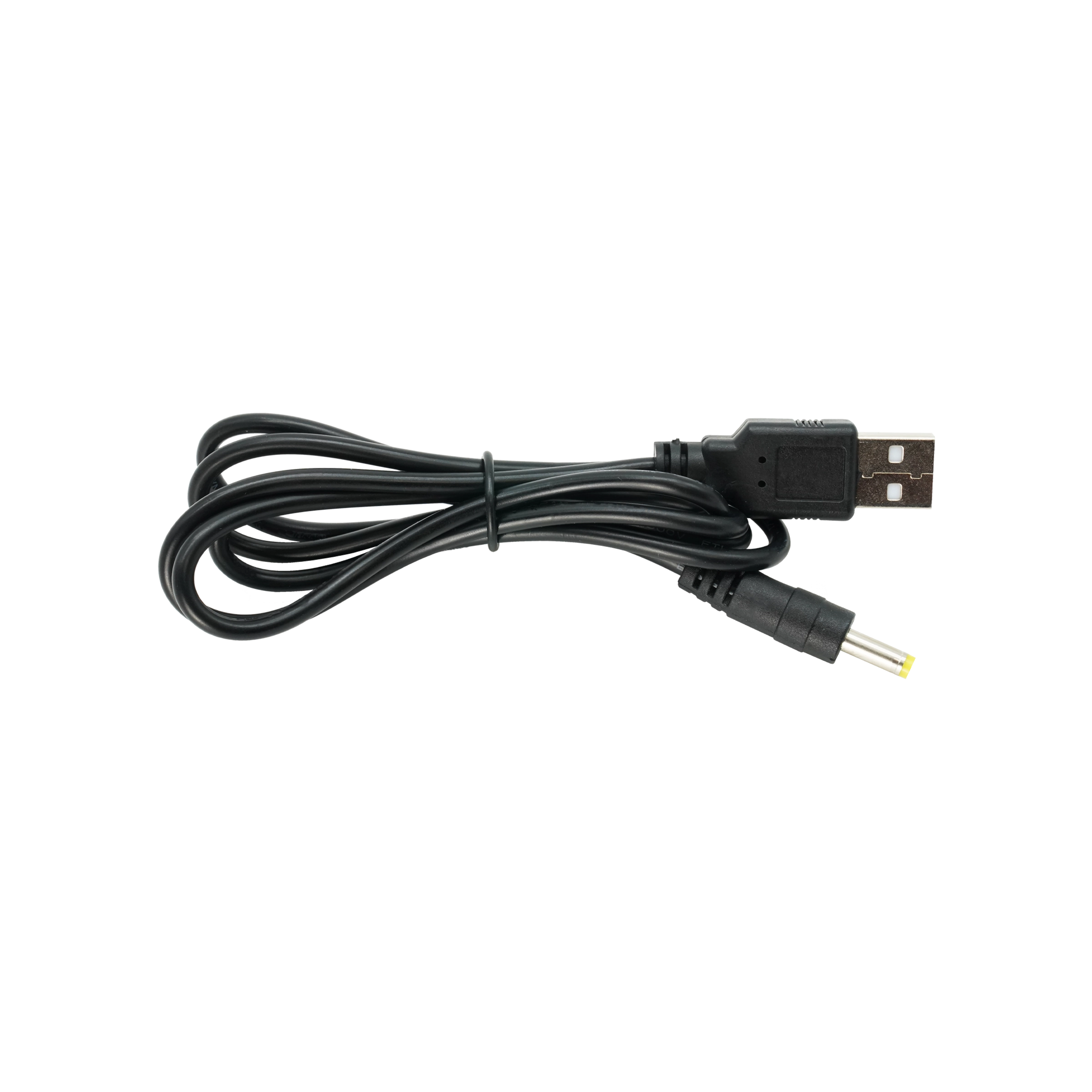 Schwarzes Kabel mit USB-Stecker an einem Ende und rundem Hohlstecker am anderen Ende zum Verbinden eines Akkupacks mit einer Wildkamera