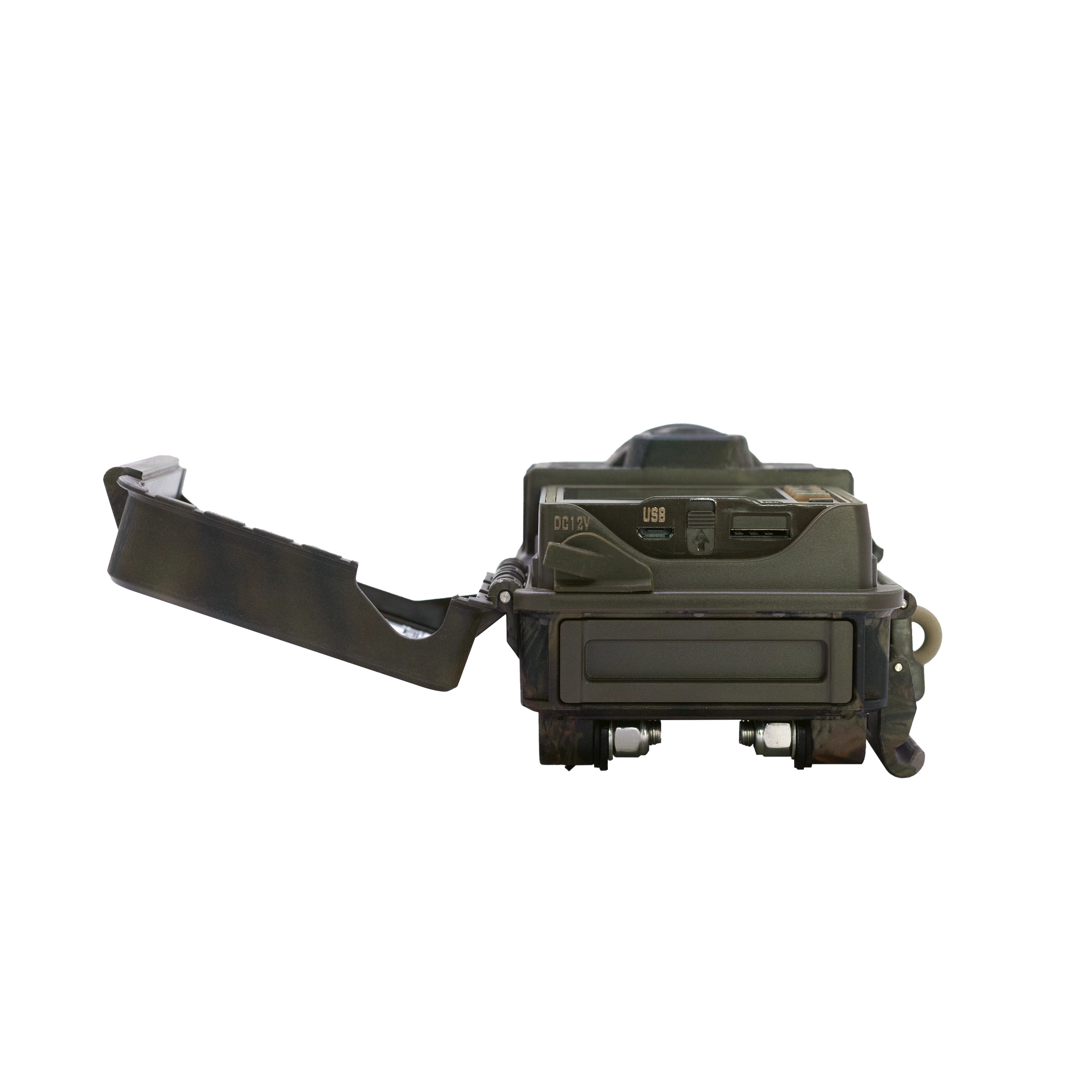 SEISSIGER Mini-Cam Wildkamera Unterseite mit Batteriefach, DC 12 V Anschluss und Micro-SD-Karten-Slot.