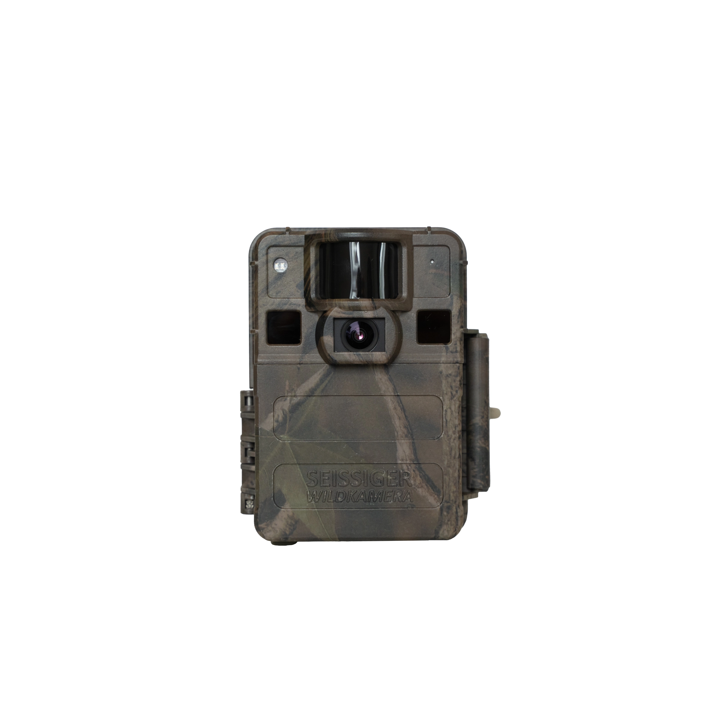 SEISSIGER Mini-Cam Wildkamera in Camouflage-Optik, frontal abgebildet – kompakte, wetterfeste Überwachungskamera für Jagd und Naturbeobachtung.